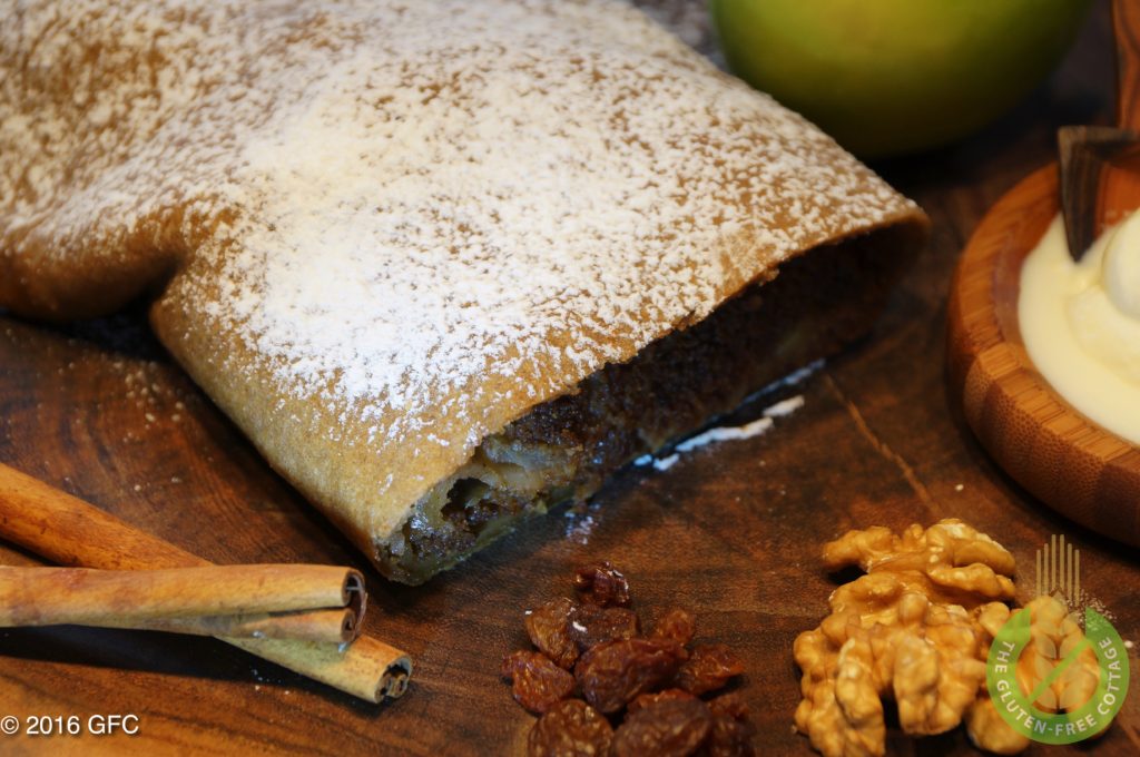 Apple strudel is typically served with whipped cream (gluten-free apple strudel).