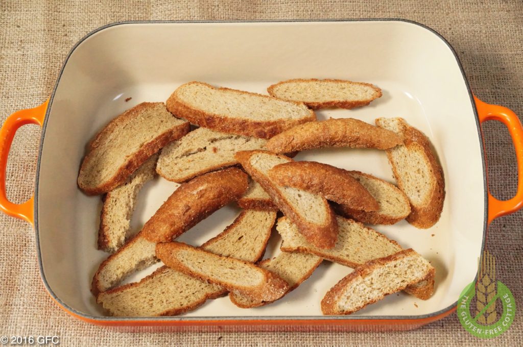 Dry old gluten-free bread cut into pieces and then put into the oven (gluten-free bread crumbs).