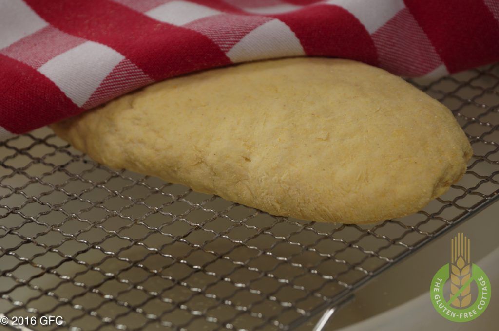 The dough is resting for about 20 minutes over a warm water bath to rise again (gluten-free French bread or white bread).