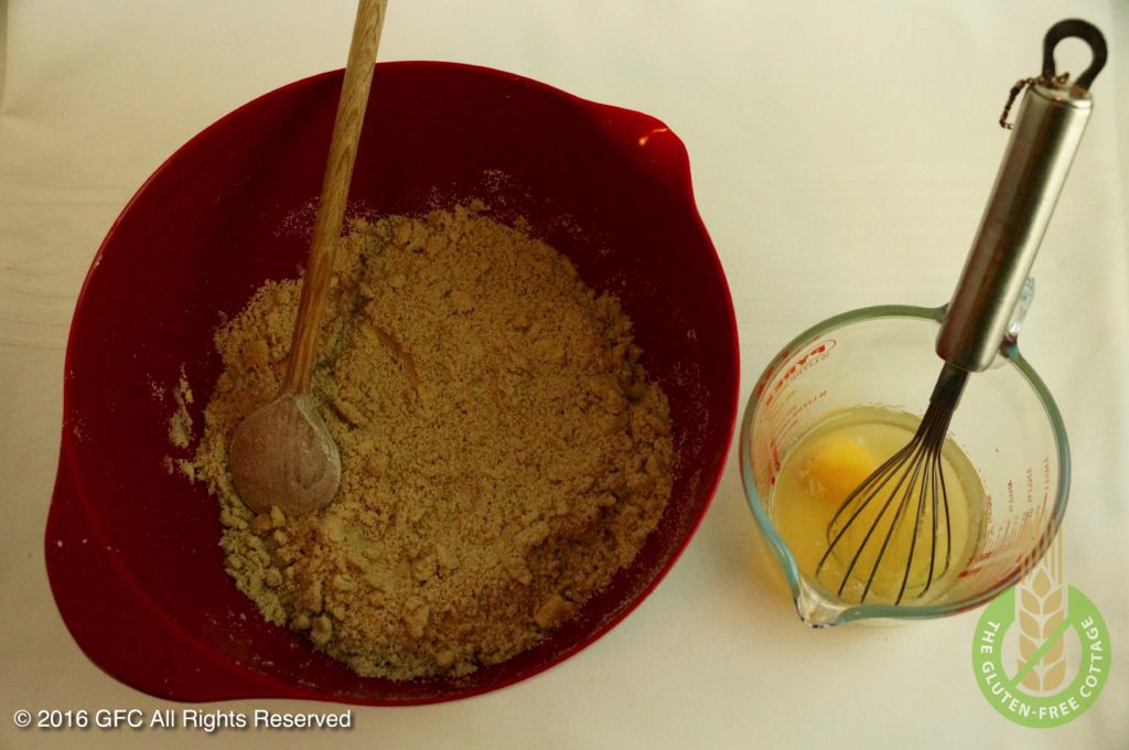 Mix liquid ingredients and then add to butter-flour crumbs (gluten-free upside down apple pie/ tarte tatin).