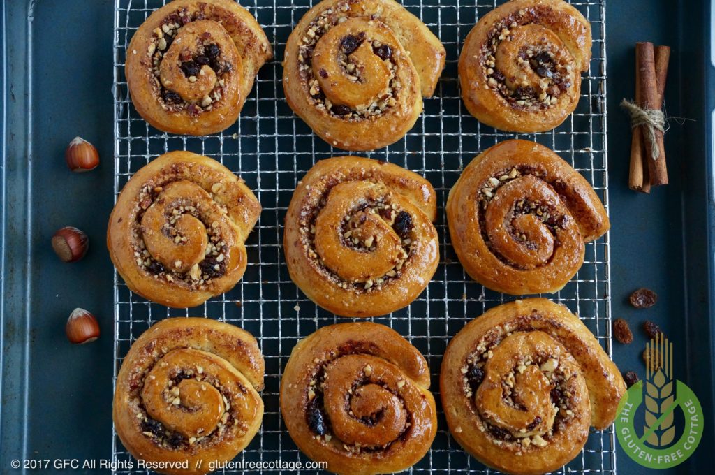 Baked and glazed gluten-free cinnamon rolls (Danish).
