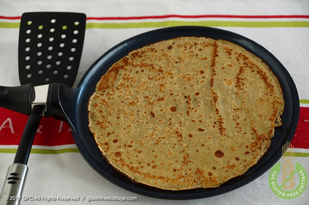 Best use a non-stick turner to swiftly turn the crepe (gluten-free sweet and savory crepes).