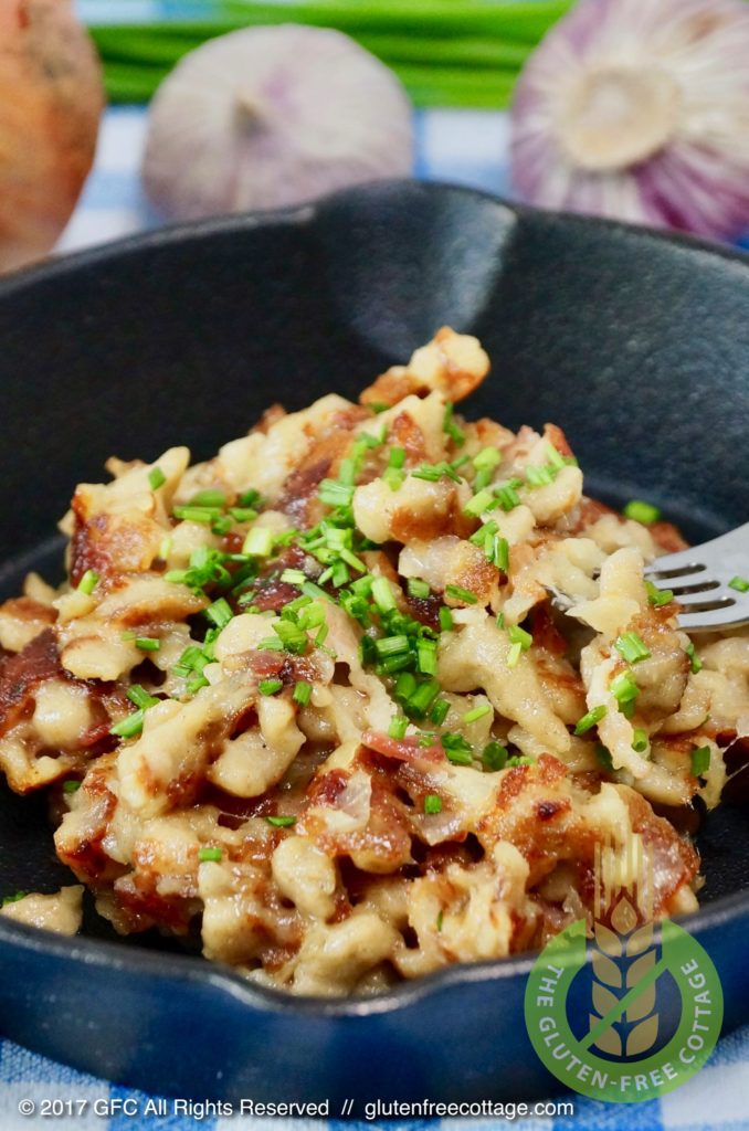 Gluten-free spaetzle (gluten-free cheese spaetzle with bacon and onion).