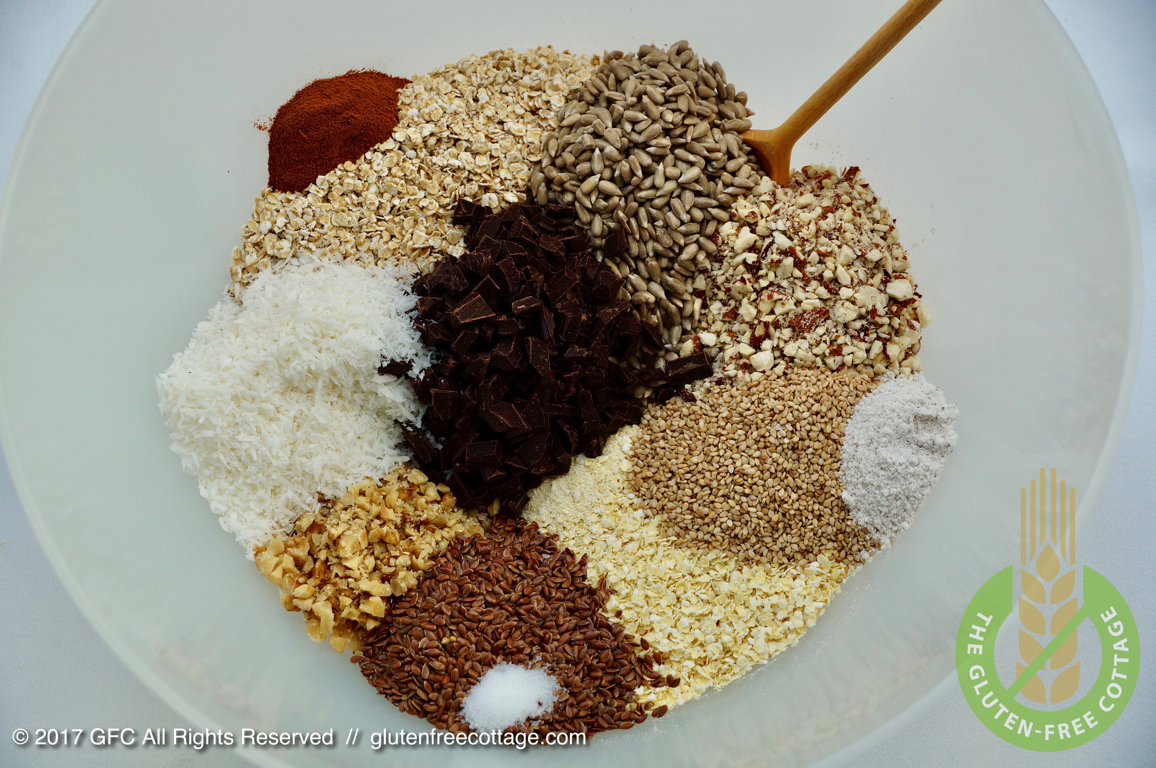Dry ingredients in a big bowl (gluten-free granola cookies).