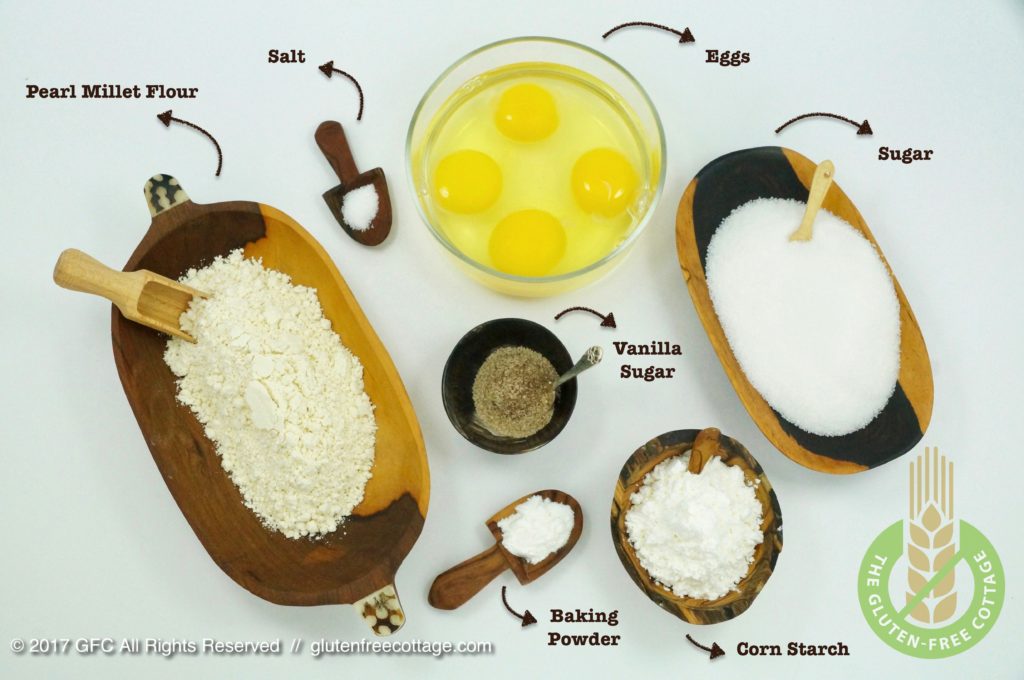 Ingredients for gluten-free batter (gluten-free banana cake with chocolate glaze).