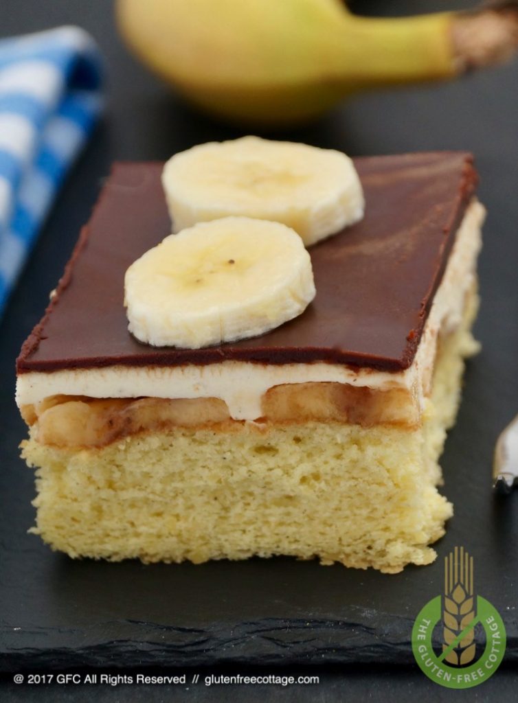 Piece of gluten-free banana cake with chocolate glaze.