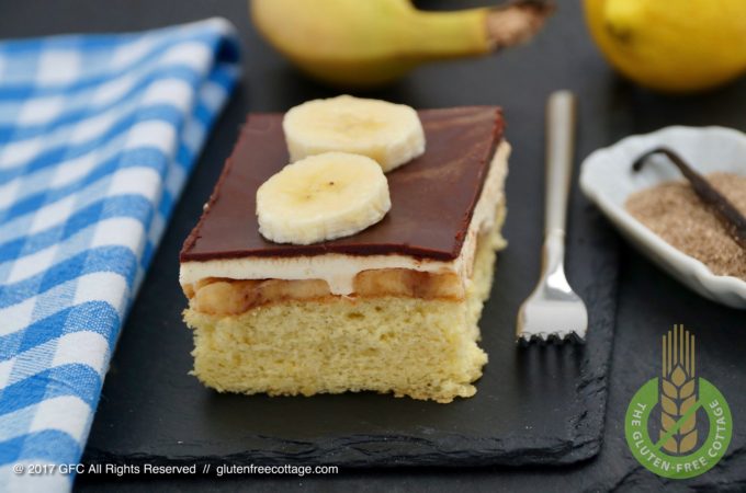Gluten-free banana cake with chocolate glaze.