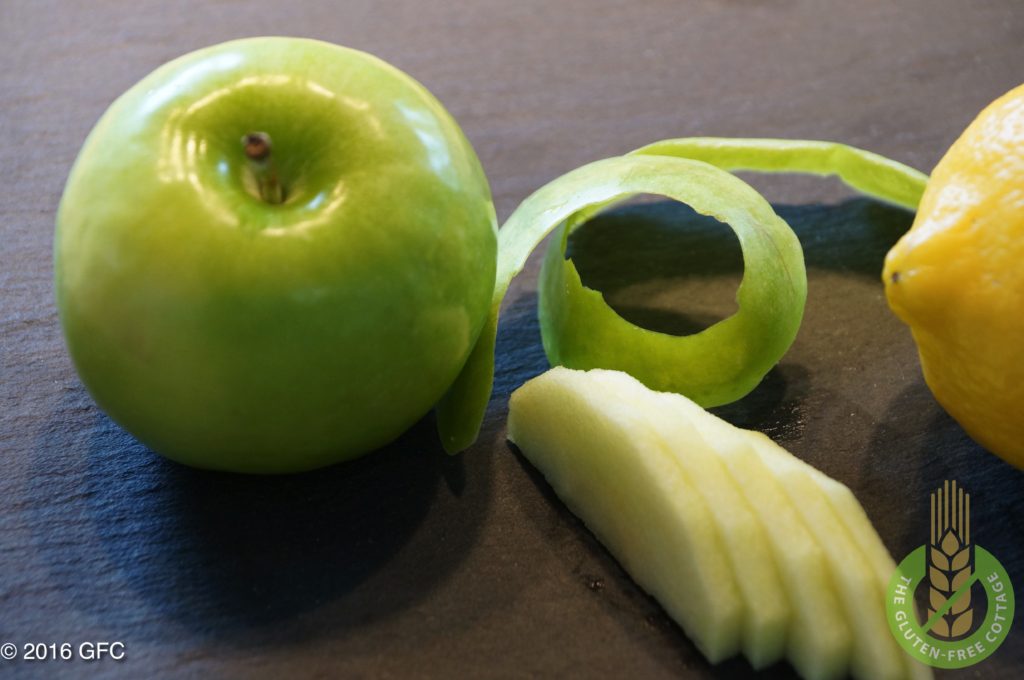 The apples need to be peeled and then coarsely sliced (gluten-free apple strudel).