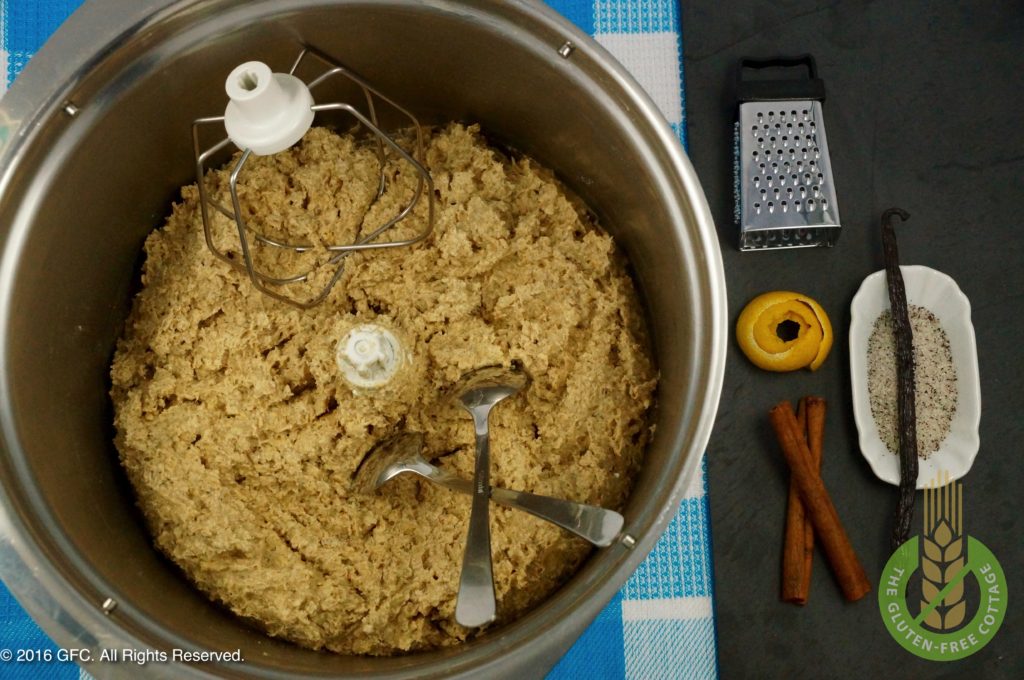 Add dry ingredients to butter-sugar-mix and mix (gluten-free oatmeal cookies).