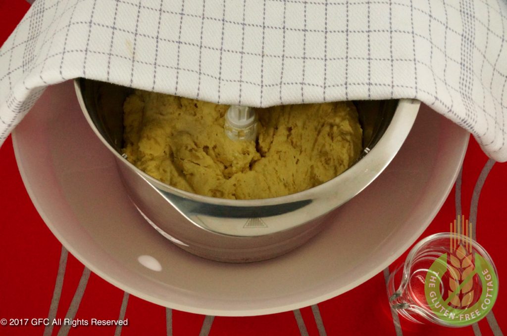 Place dough in a water bath for first rise (gluten-free eggs Benedict/ gluten-free English muffins).