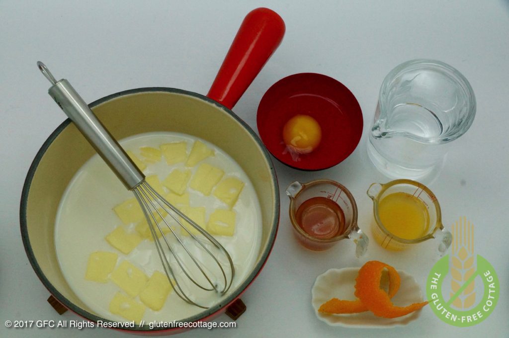 Wet ingredients: milk, unsalted butter, egg, water, apple cider vinegar and orange juice (gluten-free sandwich bread).