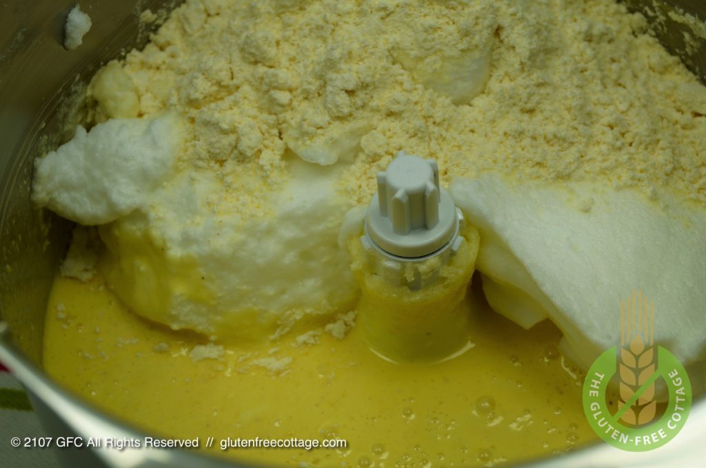 Three layers of the dough which need to be combined very carefully (gluten-free lemon cake).