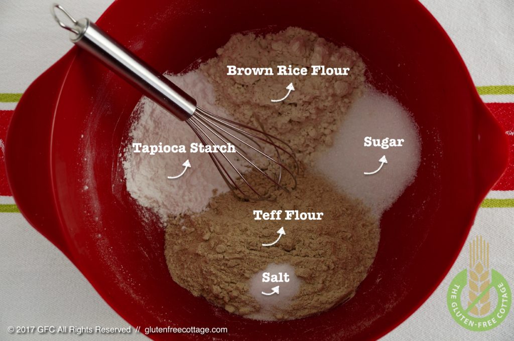Dry Ingredients: Teff Flour, Brown Rice Flour, Tapioca Starch, Salt and Sugar (Gluten-Free Sweet and Savory Crepes).