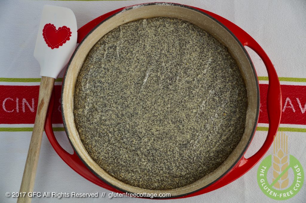 Pour dough in buttered and floured baking pan (gluten-free poppy seed cake).